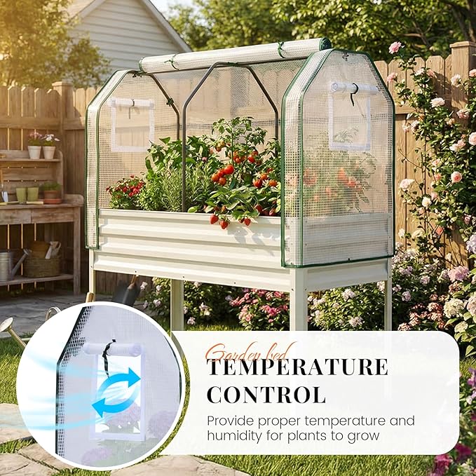 King Bird Large Raised Garden Bed with Cover Galvanized Elevated Planter Box with Legs 48×24×56 in for Backyard, Patio, Balcony, 400lb Capacity, Beige
