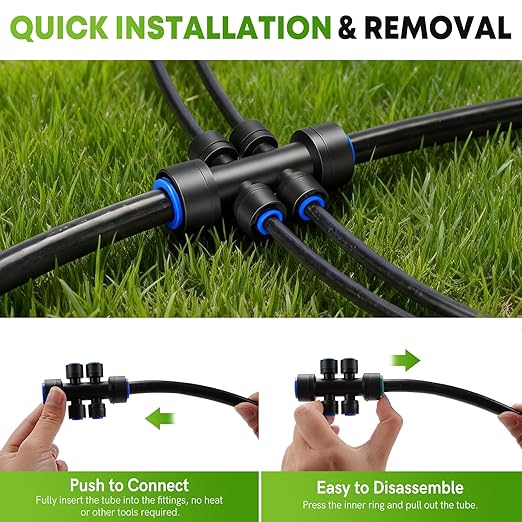 Snowtaros 50FT 1/2" Drip Irrigation Tubing with 4 Packs 4-Way Quick Coupler, Push-to-Connect Fittings for Garden Watering System, for Raised Beds, Garden, Greenhouse, Lawn