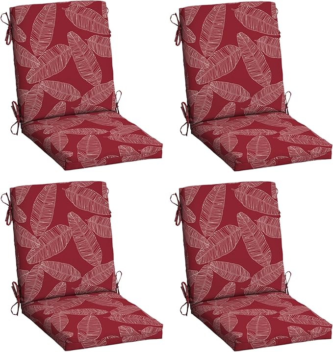 Arden 4-Pack Outdoor Patio Dining Chair Cushion, 20x44, Rain-Proof Seat Pad, Fade-Resistant Outdoor Cushion Red Leaf Palm