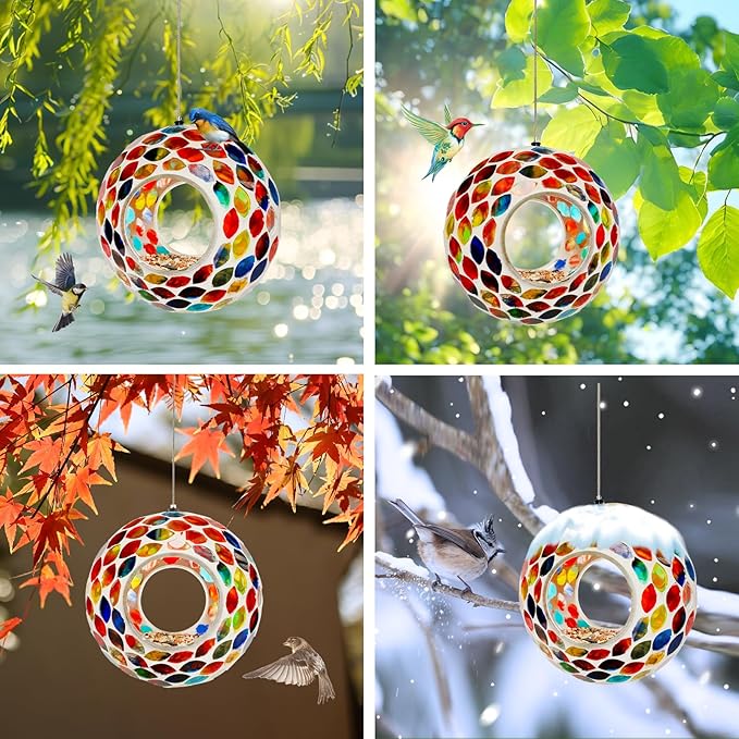 Glass Bird Feeders for Outdoor Hanging, Mosaic Fly Through Wild Bird Feeder Round Shape Birdfeeder for Outside Garden Yard Patio Decoration Red