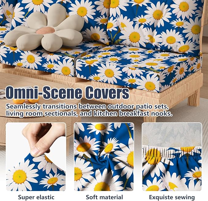 14Pcs Patio Stretch Cushion Covers, Outdoor Couch & Sofa Replacement Slipcovers for Patio Furniture Cushion Covers, Washable Reusable Furniture Protector, Square Large, Daisy Flower