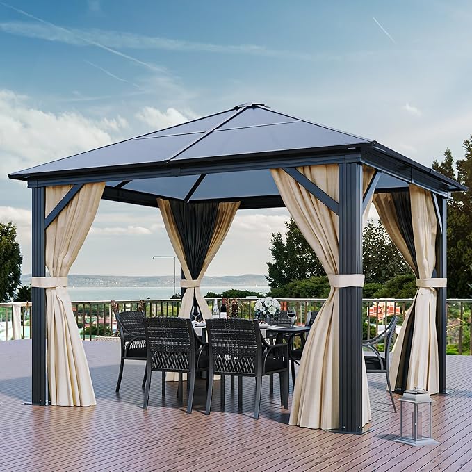DWVO 10x10ft Gazebo Polycarbonate Hardtop Outdoor Canopy with Netting and Shaded Curtains, Single Roof Garden Tent for Patio, Backyard, Deck and Lawns, Brown