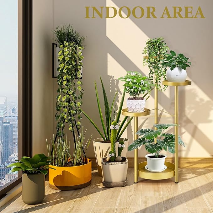 Matekxy Metal Plant Stand Indoor Outdoor 4-Tiper with 4 Flower Pot Holders Corner Tall Plant Shelves Multiplel Foldable Planter Rack Display Shelves for Livingroom, Bedroom, Office - Gold