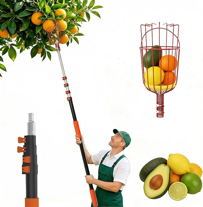 AgiiMan 18 Reach Fruit Picker with Telescopic Extension Pole, 3 to 12 FT Fruit Picker Pole Lightweight and Sturdy Aluminum Telescopic Pole, Easy to Assemble Fruit Picking Basket