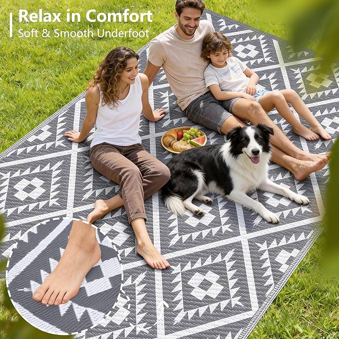 COOLTOP 8'x10’ Outdoor Rug for Patios Porches, Waterproof Plastic Camping Rugs, Modern Reversible Mat, Large Area Rugs for Backyard, Deck, RV, Balcony, Picnic, Beach, Grey & White