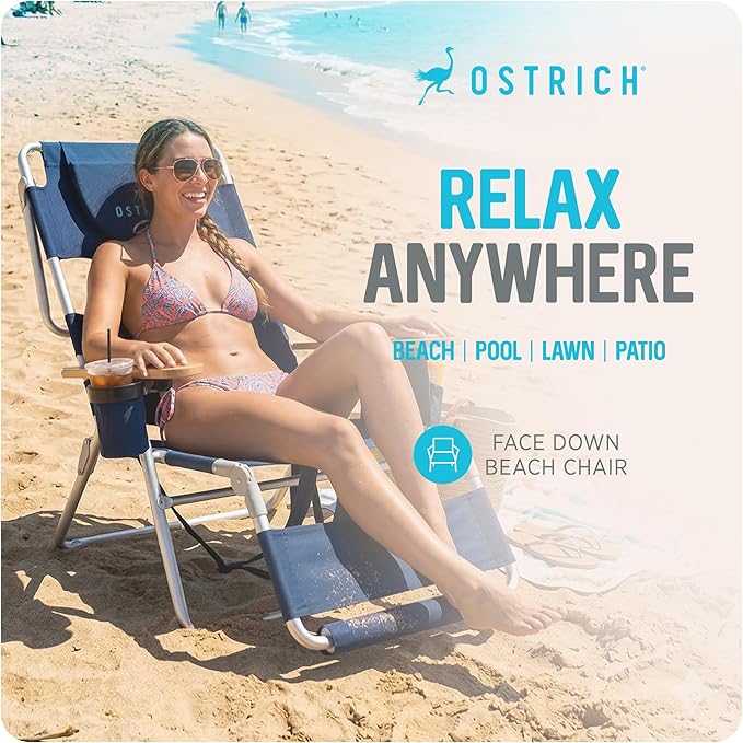 Ostrich the Woody Backpack 3N1 Portable Chair with Cooler Bag and Reclining Lounger for Tanning, Camping, Beach, and Outdoor Essential, Navy Blue