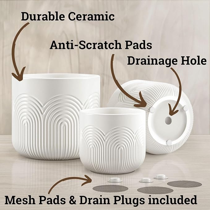 Ceramic Pots for Plants Set of 3 Sizes - 6, 5, 4 Inch Diameter Plant Pots with Drainage Holes - Ceramic Planters for Indoor Plants - Decorative Flower Pot - Plant Pot with Drainage - Indoor Planter