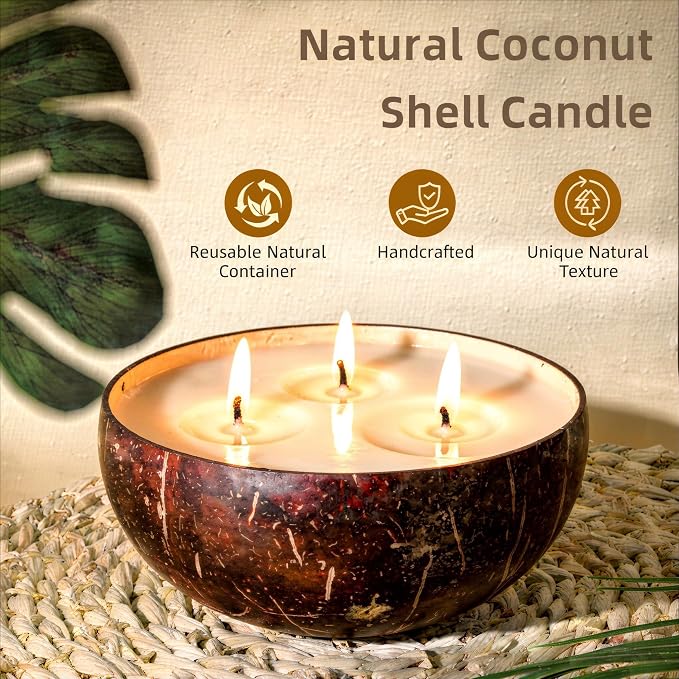 Viyffo 18oz Large Citronella Candles Outdoor, 3 Wick Citronella Candle, Natural Coconut Shell Jar, Non Toxic Soy Candle for Patio, Backyard, Deck & Camping, Rustic Decor Gift (with Fireproof Mat)