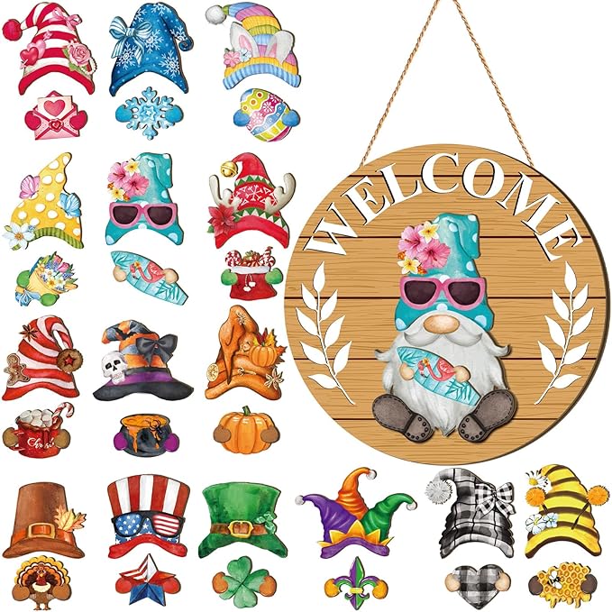 Qunclay Interchangeable Wooden Gnome Decor Holiday Seasonal Gnome Decorations with Magnet Pieces and Detachable Hats Changeable Welcome Sign for Home(Fresh Style)
