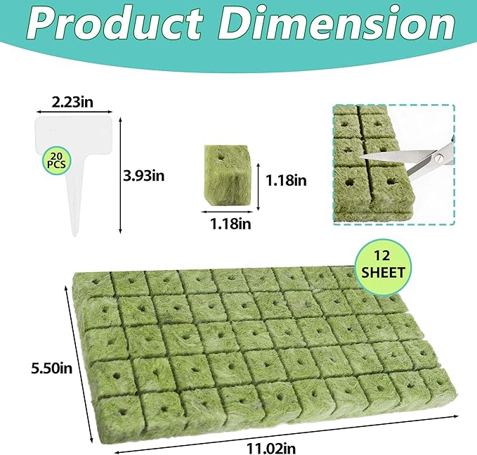 600 PCS 1 Inch Rockwool Cubes for Hydroponics, Rock Wool Hydroponic Planting Blocks with 20 Plant Name Tags, Rockwool Starter Plugs for Seedling & Cutting in Soilless Cultivation (12 Sheets)