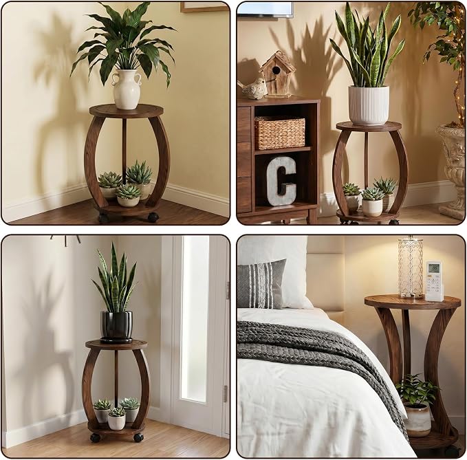 2 Pack 2 Tier Wooden Plant Stand Indoor with Wheels – Tall Plant Stand for 6-12 Inch Pots, Mid-Century Modern Rustic Plant Table Indoor, Pedestal Stand for Corner, Living Room, Balcony