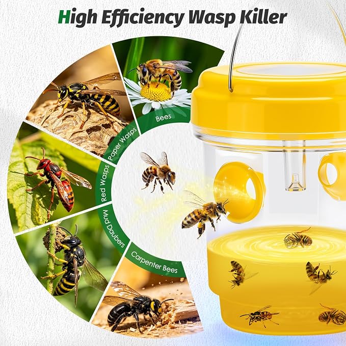 Wasp Traps Outdoor Hanging, Solar Wasp Trap for Hunting Wasps, Bees, Hornets, Insects, Carpenter Bee Traps for Outside, Reusable Wasp Traps, Bee Killer and Wasp Catcher for Outside 4 Pack