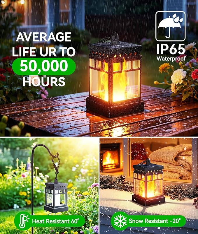 KOOPER Hanging Solar Lanterns Outdoor Waterproof, 2PCS Flickering Flame Hanging Solar Lights for Outside, Outdoor Solar Lanterns up to 12 Hours, Lanterns Decorative for Patio Porch Yard Garden Decor