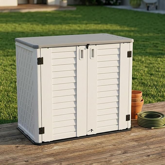 Horizontal Resin Outdoor Storage Shed, 34 Cu. Ft Weatherproof Storage Cabinet, Easy Assembly, Outdoor Storage Box for Backyards, Garden, Pool, No Shelf Included (White)