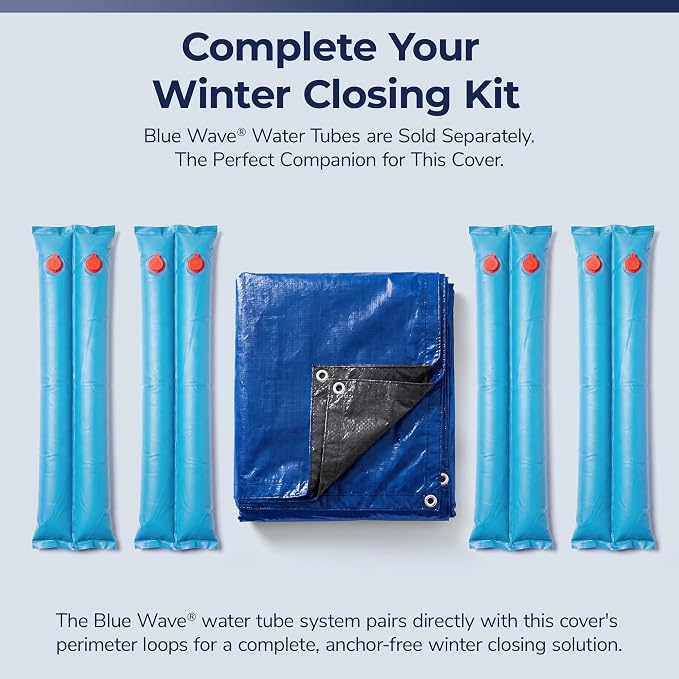 Blue Wave Gold 15-Year 20-ft x 44-ft Rectangular In Ground Pool Winter Cover | Solid polyethylene, black underside, heat-sealed seams, grommets, cable, winch, 5-ft overlap, 15-yr support, blocks debris
