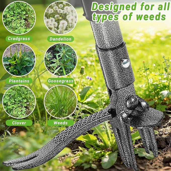 Weed Puller Tool, Heavy Duty Gardening Hand Tools with 4-Claw Steel Head & Dual-Eject Mechanism, 57.5" Bamboo Long Handle Stand Up Weeding Tool for Lawn Yard, Includes 16 Gallon Leaf Bag