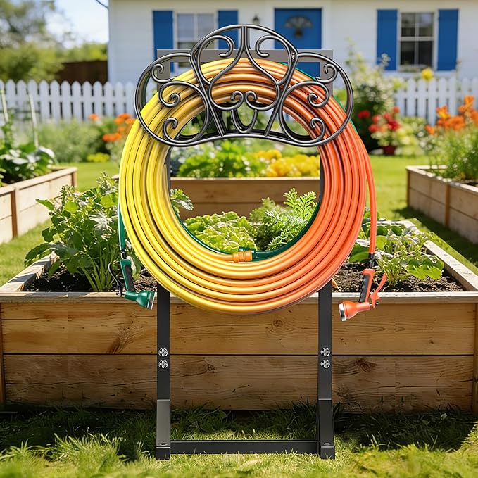 Garden Hose Holder Holds 2 * 160Ft Hoses, Heavy-Duty Freestanding Water Hose Holder with 4 Spikes, Rustproof Hose Stand Hose Hanger Storage Hose Rack for Outside, Yard, Lawn, Farm