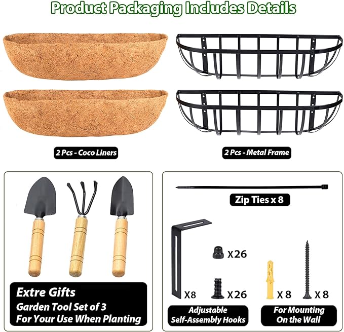 LCHUANG Railing Planter Window Box - 2 Pack 24 Inch Deck Balcony Rail Planter with Coconut Coir Liner, Fence Metal Hanging Flower Basket Deck Railing Planter Boxes for Outdoor Garden