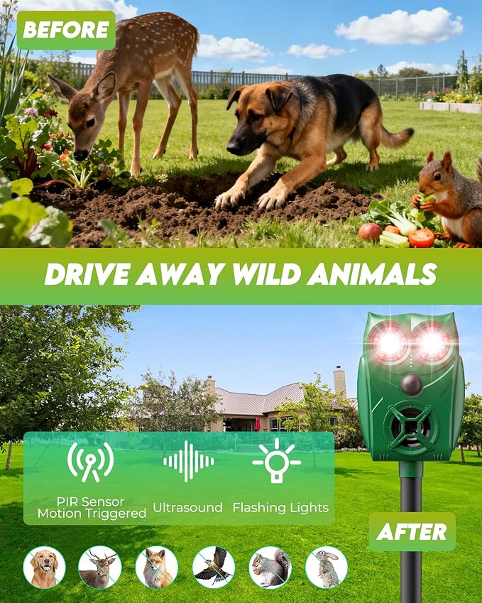 Solar Ultrasonic Animal Repellent with Motion Sensor - Waterproof Deer Repellent Device with LED Lights for Yard, Effective Against Deer, Coyotes, Raccoons & Cats
