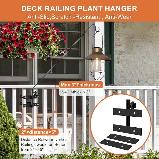 29-43" Adjustable Deck Railing Hook,Heavy Duty Rotating Plant Hanger | Double Clamps for Bird Feeders, Planters, Lanterns & Wind Chimes | Shepherd Bracket for Deck, Patio & Garden Use