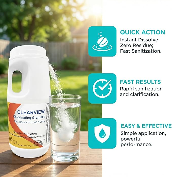 ClearView Chlorine Granules 2.2 Lbs for Swimming Pools, Pool Chlorine Shock Granular Sanitizer for Spas, Fast Dissolving Chlorinating Granules for Hot Tubs