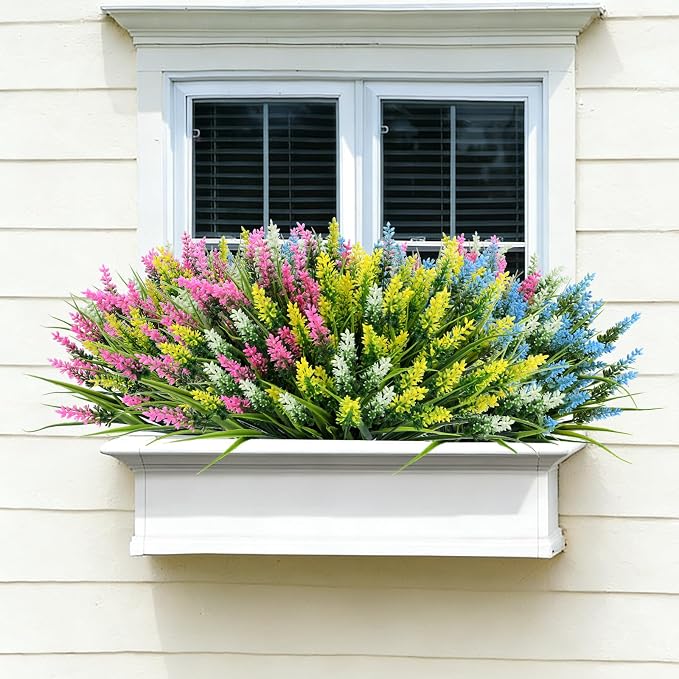 24 Bundles Artificial Lavender Flowers for Outdoor, UV Resistant Faux Plants with 4 Mixed Colors (Light Blue, White, Pink, Yellow), Realistic Fake Outdoor Flowers for Garden Porch Window Box Decor