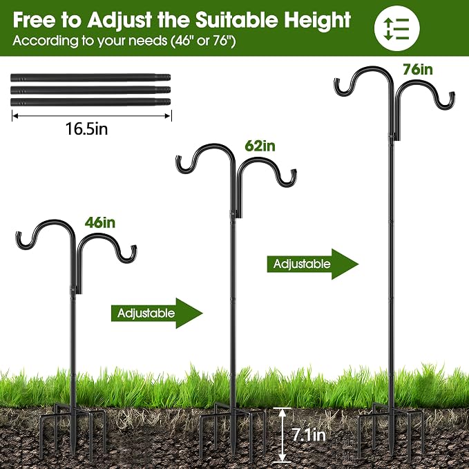 Double Shepherds Hooks for Outdoor, 76" Heavy Duty Bird Feeder Pole with 5 Prong Base, Adjustable Shepherds Hook for Bird feeders Outside, Garden, Weddings, Hanging Plants, 2 Pack, Black