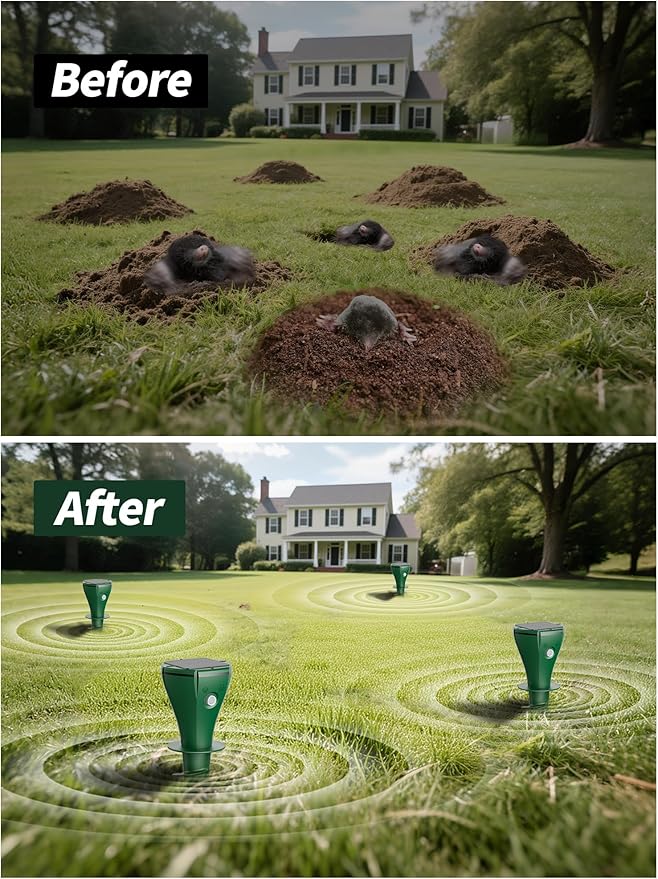 Solar Powered Animal Repellent for Yards - Waterproof Sonic Vibration Device Removes Moles, Gophers, Groundhogs, Voles, Snakes - Simple Twist Stakes for Lawn & Garden (4, Green)