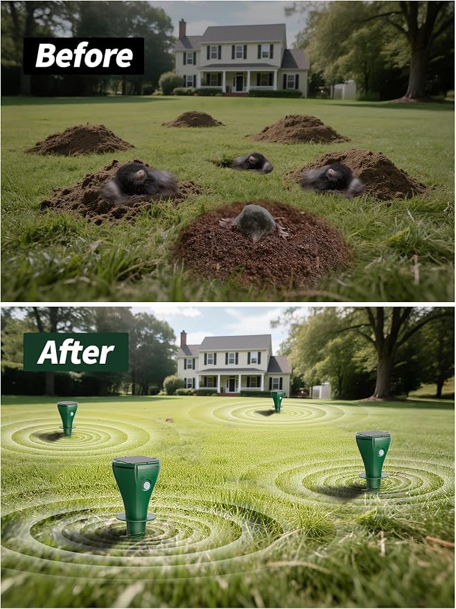 Solar Powered Animal Repellent for Yards - Waterproof Sonic Vibration Device Removes Moles, Gophers, Groundhogs, Voles, Snakes - Simple Twist Stakes for Lawn & Garden