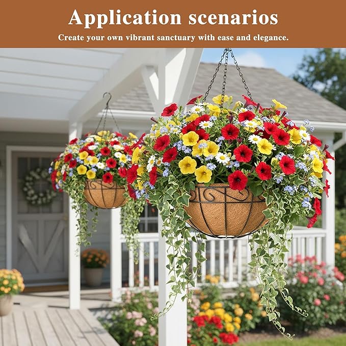 4 Pack Hanging Planter for Outdoor Plants 12 inch Metal Hanging Flower Basket with Coco Coir Liner Round Wire Plant Holder Chain Flower Pots Outdoor Garden Decoration Watering Hanging Baskets（HB）