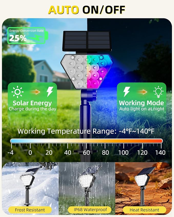 T-SUN Solar Lights Outdoor Waterproof IP65, 6Pack LED Solar Spot Lights Color Changing IP65 Waterproof Smart Auto On/Off for Outside Landscape Garden Yard Lawn Pathway Patio Driveway