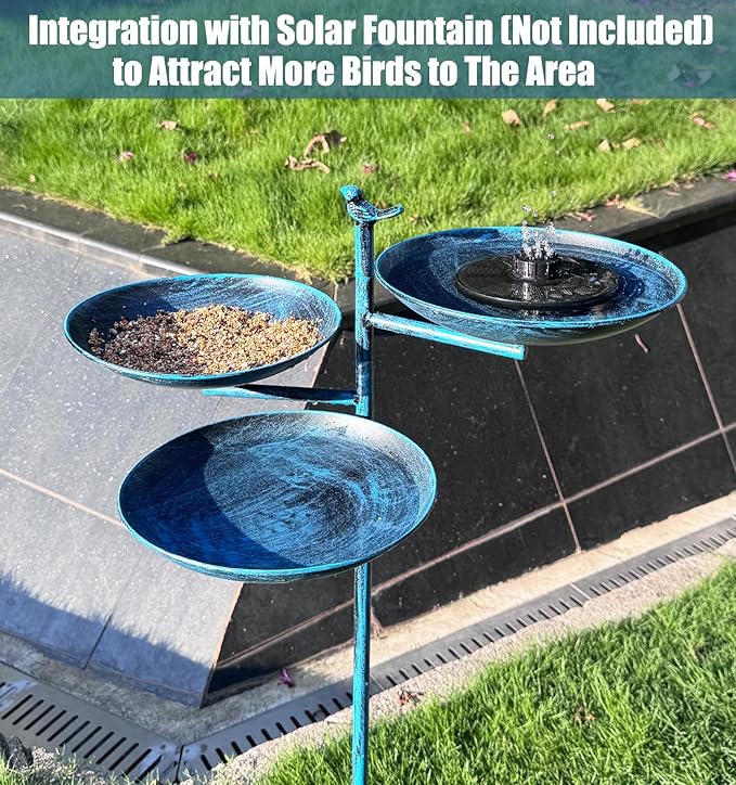 44" H Bird Bath and Feeder for Outdoors, 3 in 1 Free Standing Metal Birdbaths with Cast Iron Bird 4-Prong Stake Base for Outdoors Yard Garden Patio, Blue