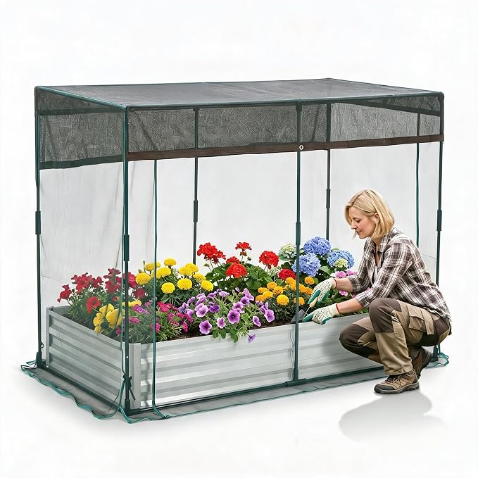 8x4x1Ft Galvanized Raised Garden Bed Kit w/Self Watering Irrigation & Mesh Cover, Metal Bottomless Raised Planter Box for Veggies Herbs Flowers, Rustproof Elevated Garden Bed Backyard Patio Farm