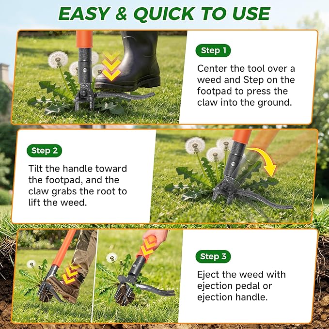 Stand Up Weed Puller Tool, 4-Claw Steel Head Deep Root Extractor with Dual-Eject Design, Real Bamboo Long Handle & Metal Anti-Slip Pedal, No Bending Dandelion Remover for Garden Lawn Yard