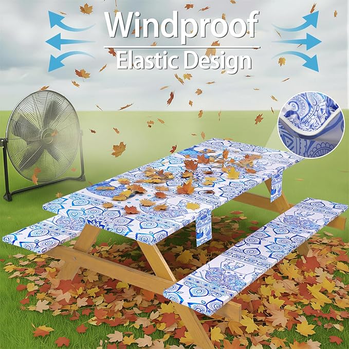 Fitted Waterproof Picnic Table Cover with Bench Covers Heavy Duty Elastic Outdoor Camping Tablecloth for 8 Foot Rectangle Tables Summer Rv Accessories Patio Garden Road Trip Essentials Gifts