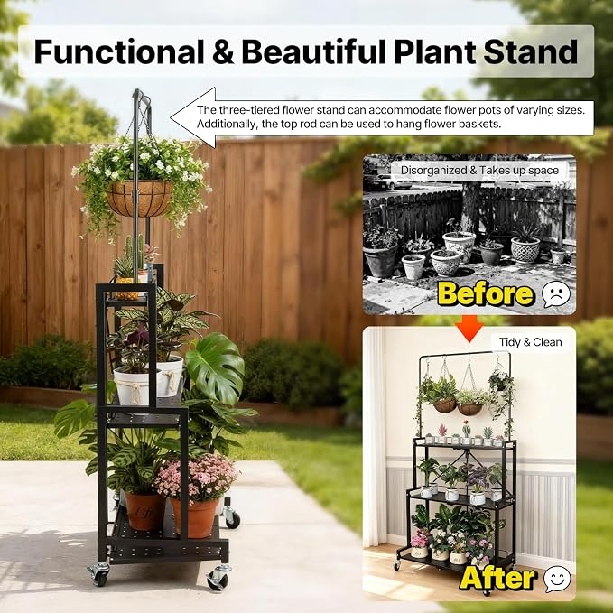 4-Tier Foldable Plant Stand with Wheels, No Tools Assembly, Sturdy Step Shelf for Indoor Outdoor Use, Black– Organize Pots, Save Space, Roll & Store Easy