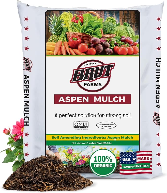 Brut Organic Aspen Mulch 1 CU FT – Natural Moisture Retainer & Root Protector – Odor-Free, Nutrient-Rich Bark Mulch for Landscaping, Garden Beds & Potted Plants