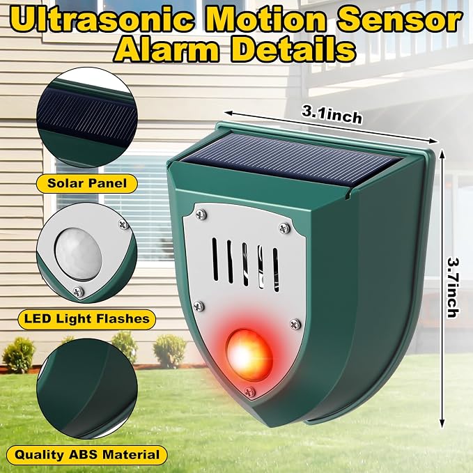 6 Pack Solar Motion Sensor Alarm Detector Outdoor Ultrasonic Animal Repellent with 129db Sound LED Strobe Light Outdoor Security Siren Deer Deterrent Raccoon Repeller for Home Yard Garden Farm