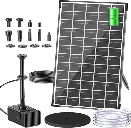 Biling 12W Solar Fountain Pump with 5000 mAh Battery Backup, 80GPH Solar Water Pump with 8 Nozzles, 5ft Tubing for Bird Bath Small Garden Pond Water Features