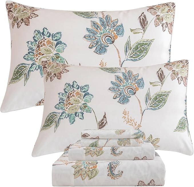 QSH Floral Bed Sheets Queen Size - 100% Egyptian Cotton Sheets Elegant Botanical Leaves Flower Pattern Printed Bedding Sheets Queen Size Bed Extra Soft and Breathable 4pcs Deep Pockets Bed Sheets
