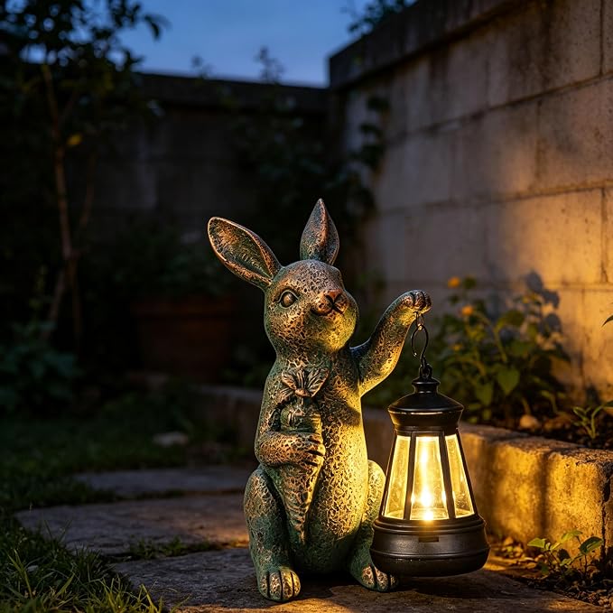 Solar Garden Statues -Rabbit Lantern Outdoor Handmade Resin Statue with LED Light, Cute Carrot Holder for Patio, Yard, Gift Ideas (rabbit2)