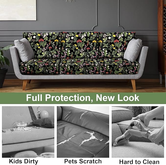 pickyNproud 8Pcs Patio Cushion Covers Stretch Outdoor Couch Cushions Slipcovers Replacement Washable Furniture Protector with Elastic Bottom Sofa Chair Seat Cover, Black Flower