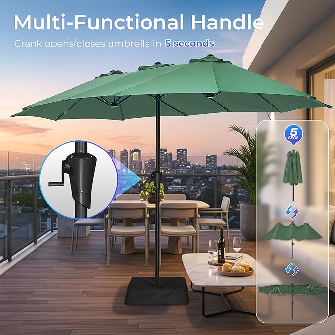 SUPERJARE 13FT Outdoor Patio Umbrella with Base Included, Double Sided Pool Umbrellas with Fade Resistant Canopy, Large Table Umbrella for Deck, Market, Backyard - Forest Green