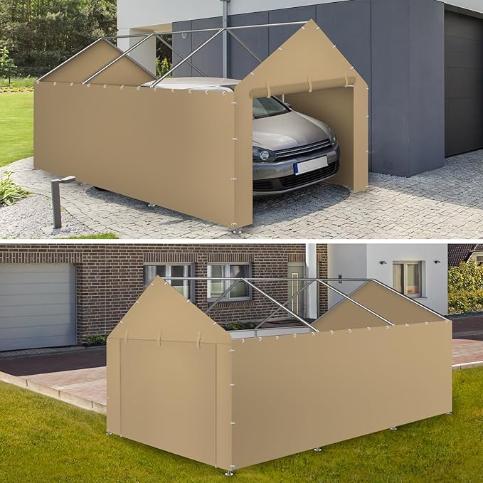 Carport Replacement Canopy Cover Sidewalls for 10x20x9.35FT Frame, Heavy Duty Garage Car Tent Shelter Tarp with Ball Bungees, Waterproof & UV Protected (Frame is not Included) (Beige)