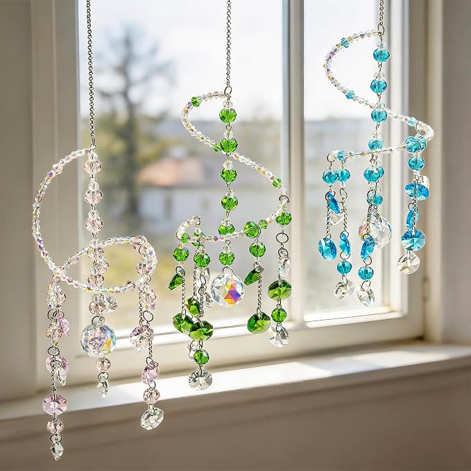H&D HYALINE & DORA 3 Pcs Crystal Suncatchers, Spiral Sun Catchers Indoor Window, Boho Healing Wind Chimes Hanging Crystals for Home Garden Wedding Decoration(Pink,Green,Blue)