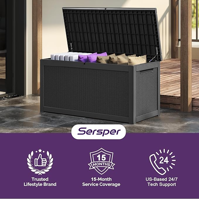 Sersper 260 Gallon Outdoor Storage Box, Large Deck Box with Gas Struct, Waterproof Resin Storage Bin for Patio Cushions, Pool Supplies, Lockable Box, UV Resistant, Black