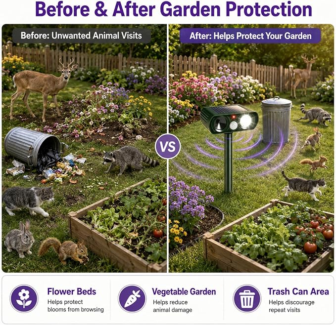 2 Pcs Upgraded Solar Animal Repellent Ultrasonic Outdoor for Cat Squirrel Racoon Rabbit Fox,Sonic Deer Repellent Devices Waterproof Flashing Light Motion Sensor Animal Repeller Deterrent for Garden