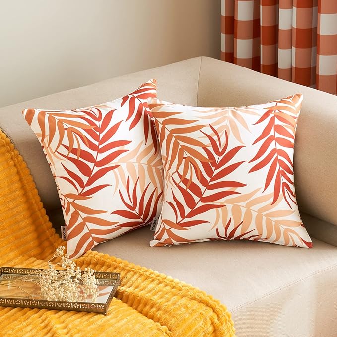 MIULEE Pack of 2 Decorative Outdoor Waterproof Throw Pillow Covers Patio Pillow Cases Natural Leaves Pattern Square Cushion Shams Shell for Garden Balcony Couch 18x18 Inch, Orange