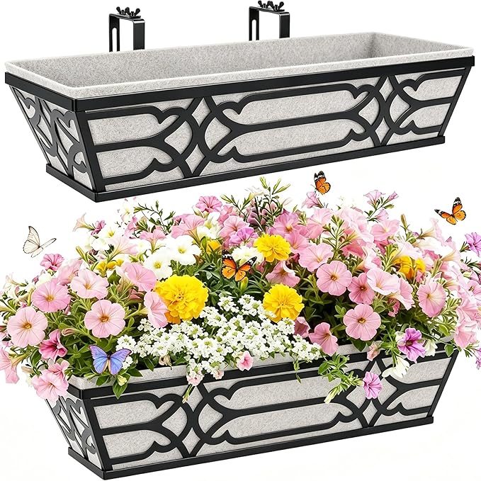 Railing Planter Box, Window Planter Box 24 Inch 2 Pack, Metal Hanging Flower Boxes with Non-Woven Fabric Liner, Adjustable Brackets for Deck Railing, Fence, Balcony, and Porch, Black