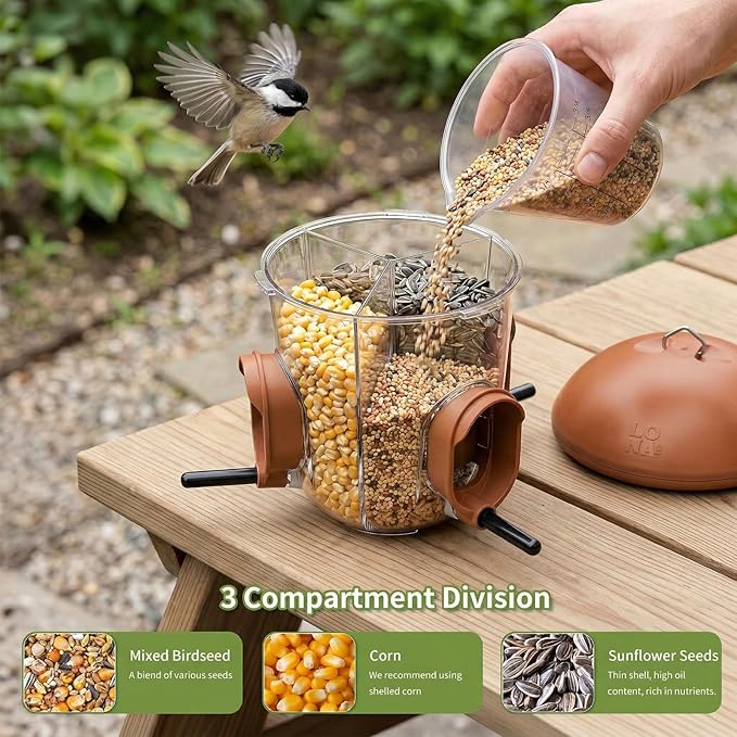 LONA Bird Feeders for Outdoors Hanging – 3 Separate Compartments, 3 Feeding Ports, Weatherproof Dome & 3 Ways to Hang, Large Capacity for Cardinals/Finches (Brown
